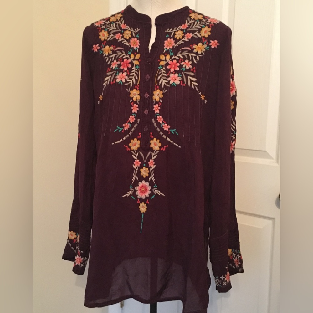 Johnny Was Vintage Purple Tunic blouse multi floral embroidery with buttons S